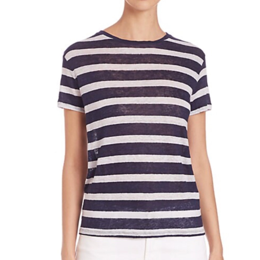 Majestic Filatures Boyfriend Linen Striped Tee Navy Blue White XS